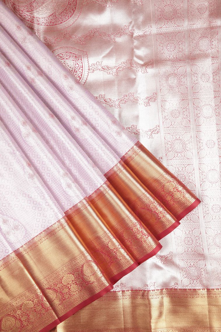 Lavender Purple Tissue Silk Sarees with Silver Zari Floral Patterns view 1