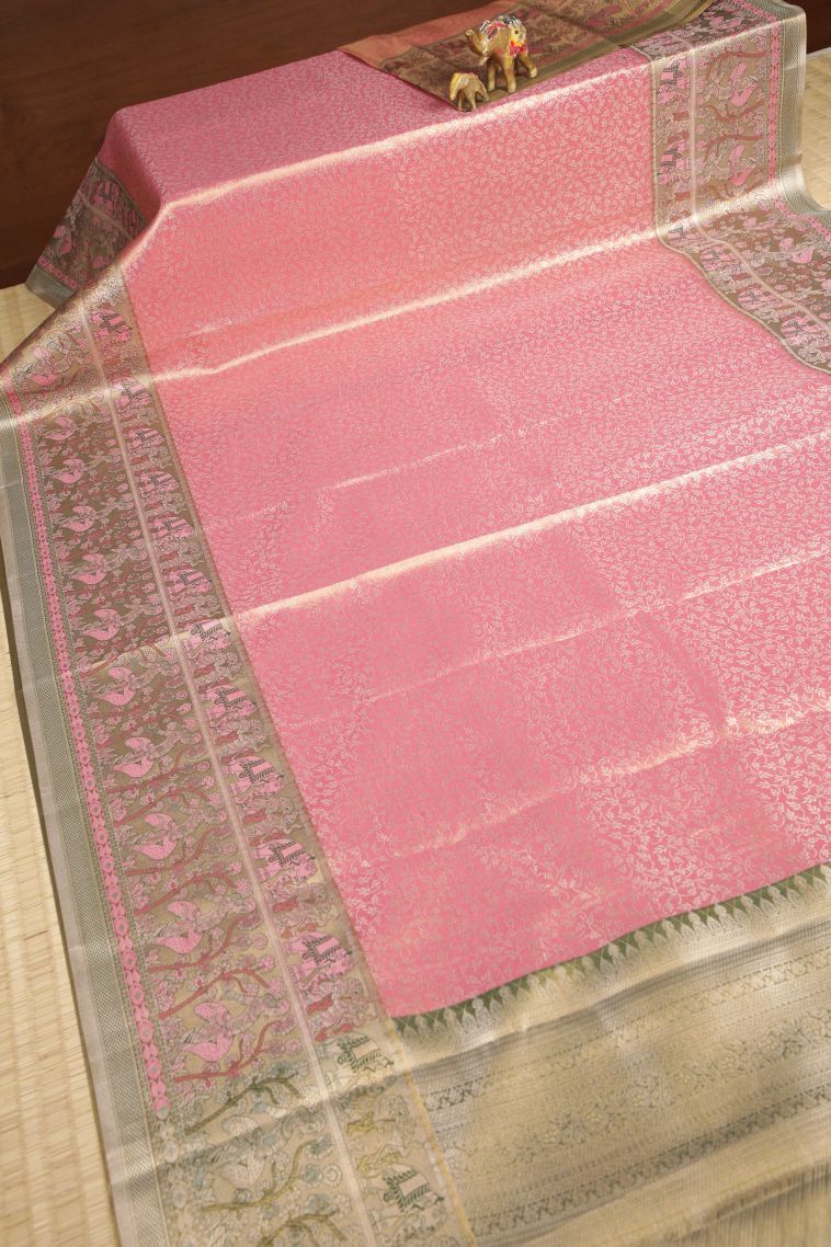Punch Pink Tissue Silk Sarees with Silver Zari Floral Patterns view 2