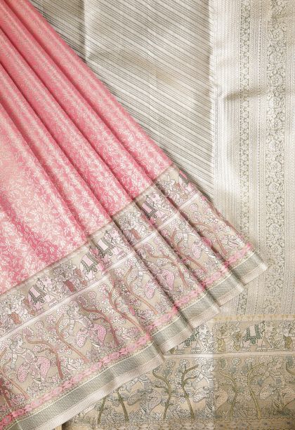 Punch Pink Tissue Silk Sarees with Silver Zari Floral Patterns