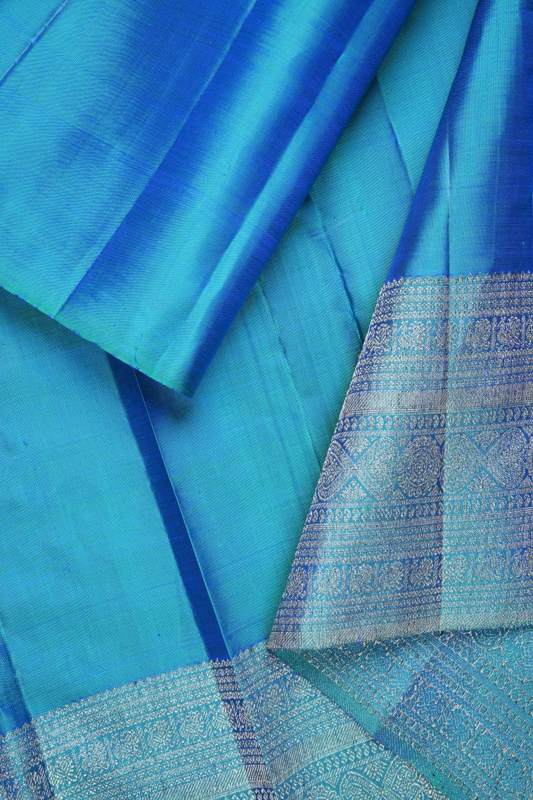 Peacock Blue Kanchipuram Silk Sarees with Gold Zari Floral Patterns view 3