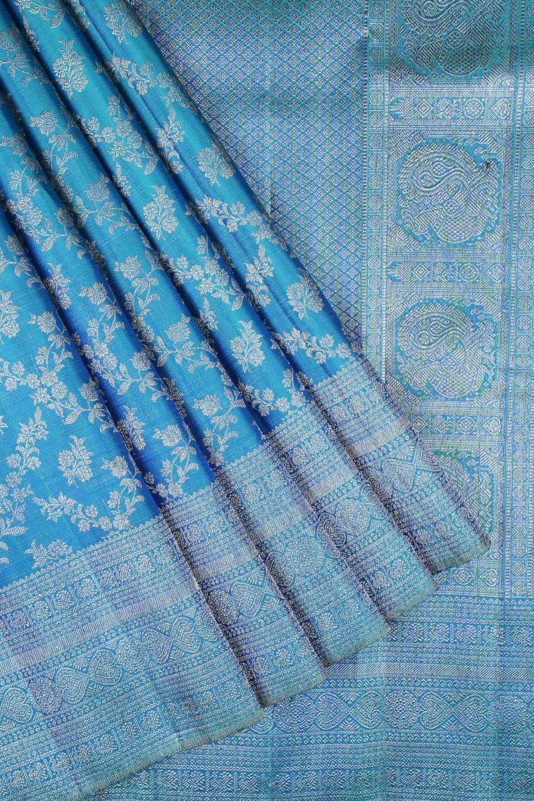 Peacock Blue Kanchipuram Silk Sarees with Gold Zari Floral Patterns view 1