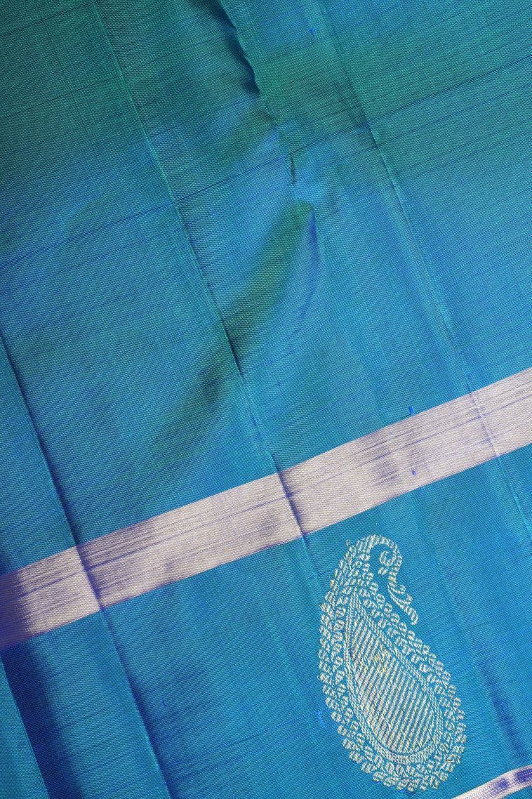 Peacock Blue Kanchipuram Silk Sarees with Gold Zari Floral Patterns view 3