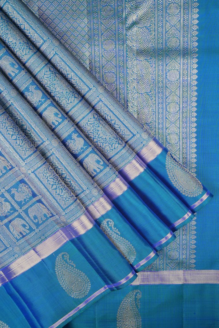 Peacock Blue Kanchipuram Silk Sarees with Gold Zari Floral Patterns view 1