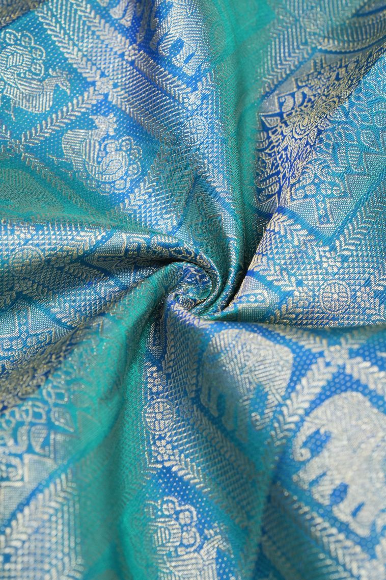 Peacock Blue Kanchipuram Silk Sarees with Gold Zari Floral Patterns view 4