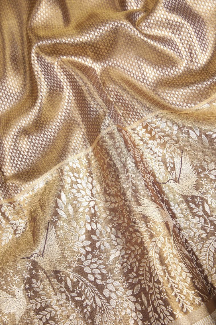 Gold Tissue Silk Sarees with Silver Zari Floral Patterns view 3