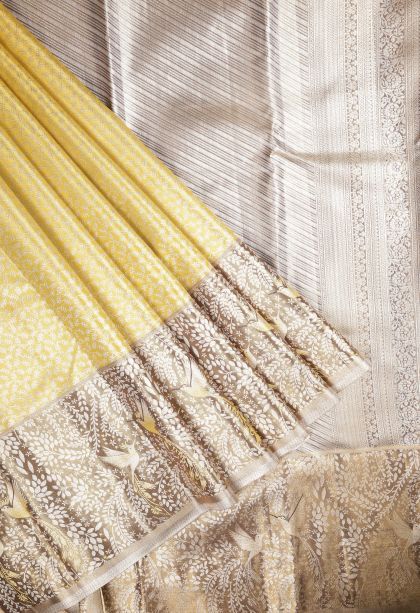 Gold Tissue Silk Sarees with Silver Zari Floral Patterns