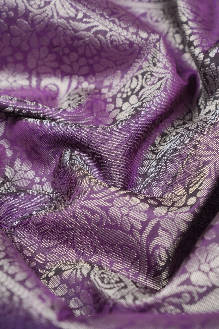 Bosenberry Purple Soft Silk Saree with Silver Zari Floral Patterns view 4