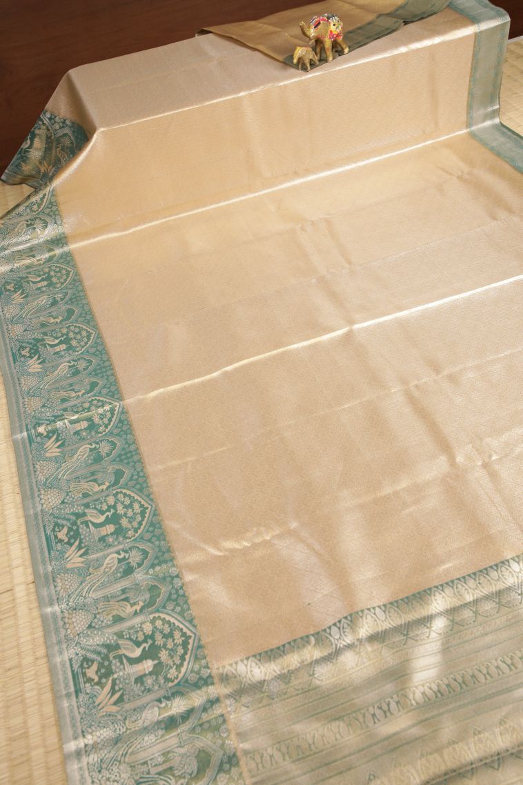 Cream White Tissue Silk Sarees with Silver Zari Floral Patterns view 2