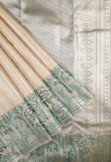 Cream White Tissue Silk Sarees with Silver Zari Floral Patterns