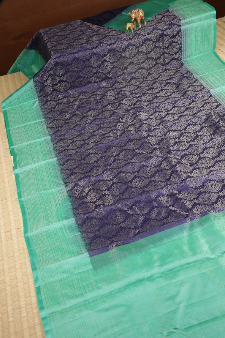 Berry Blue Soft Silk Saree with Silver Zari Floral Patterns view 2