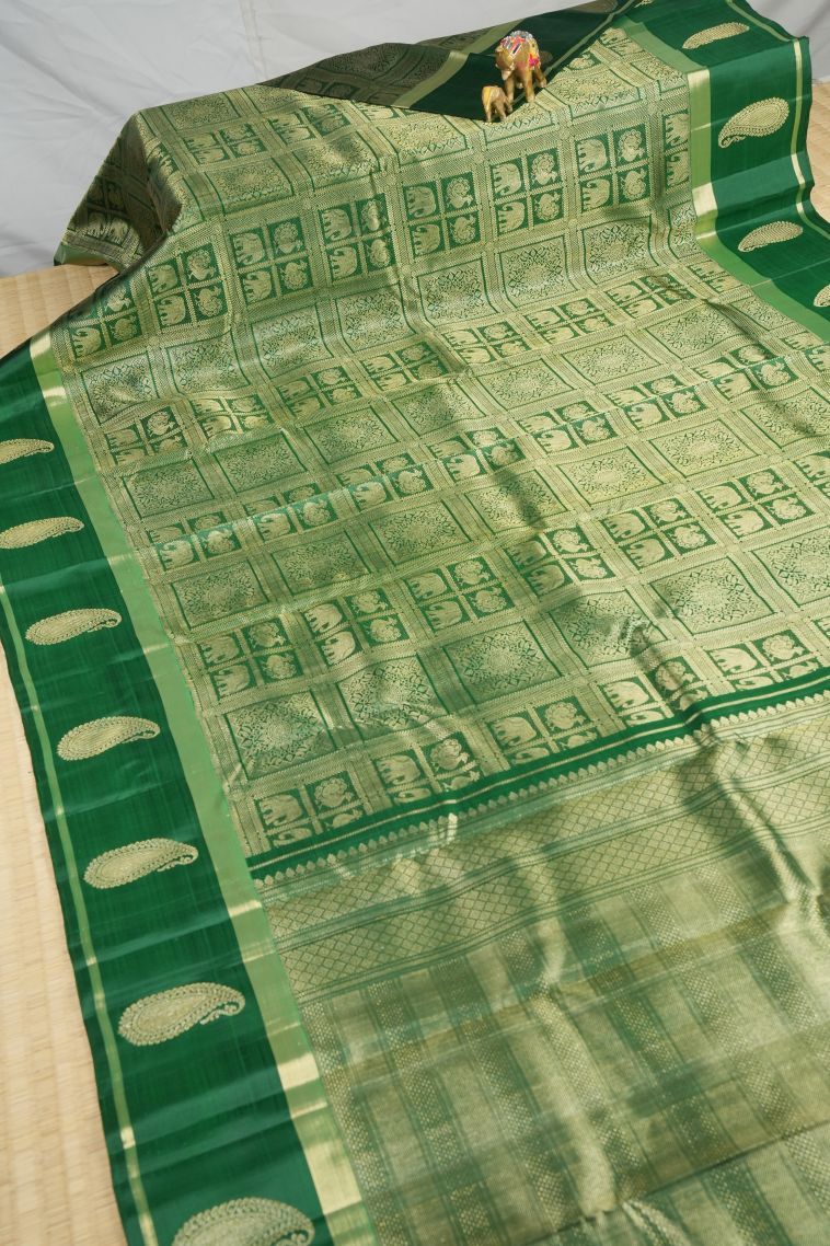 Basil Green Kanchipuram Silk Sarees with Gold Zari Floral Patterns view 2