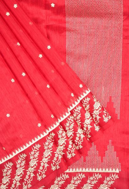 Rose  Red Tussar Saree with Without Zari Zari Buttis (small Dots Or Motifs)