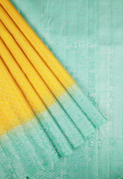 Lemon Yellow Soft Silk Saree with Silver Zari Floral Patterns