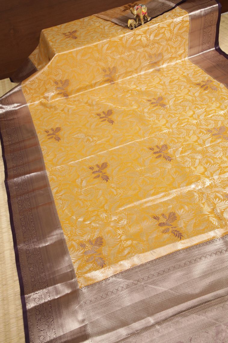 Gold Tissue Silk Sarees with Silver Zari Floral Patterns view 2