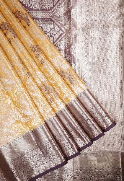 Gold Tissue Silk Sarees with Silver Zari Floral Patterns
