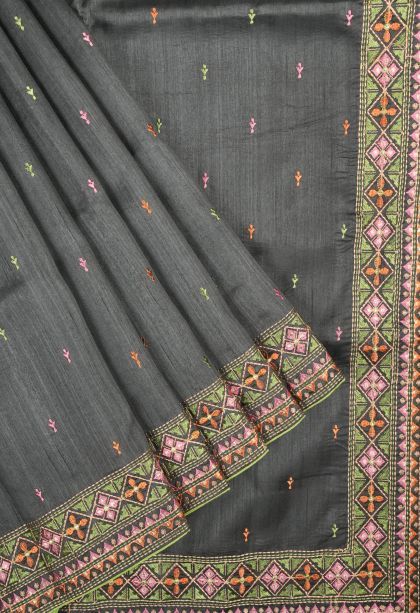 Charleston Black Tussar Saree with Without Zari Zari Buttis (small Dots Or Motifs)