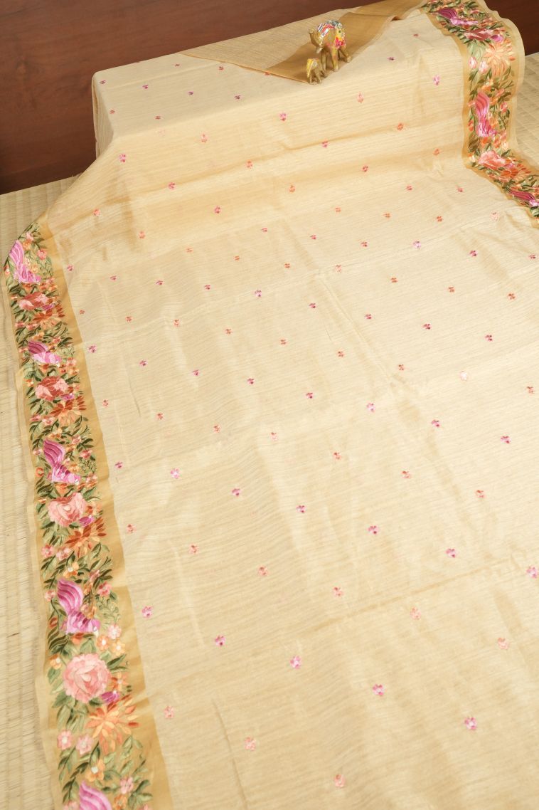 Cream White Tussar Saree with Without Zari Zari Buttis (small Dots Or Motifs) view 2