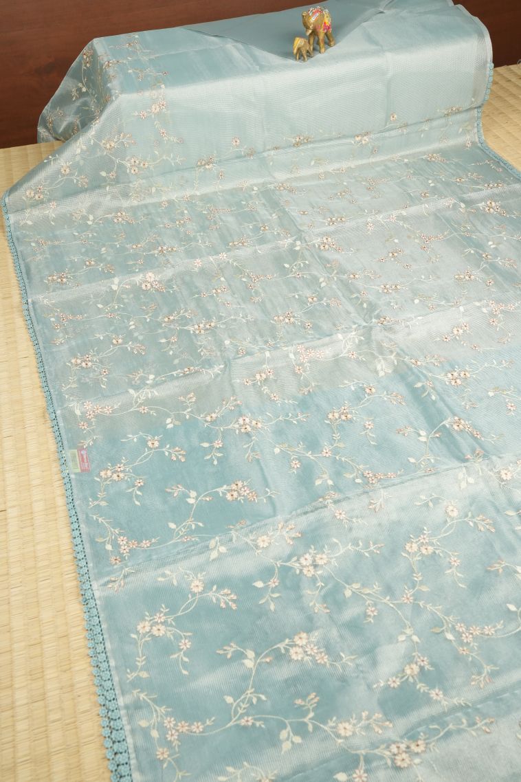 Cerulean Blue Organza Saree with Without Zari Zari Floral Patterns view 2