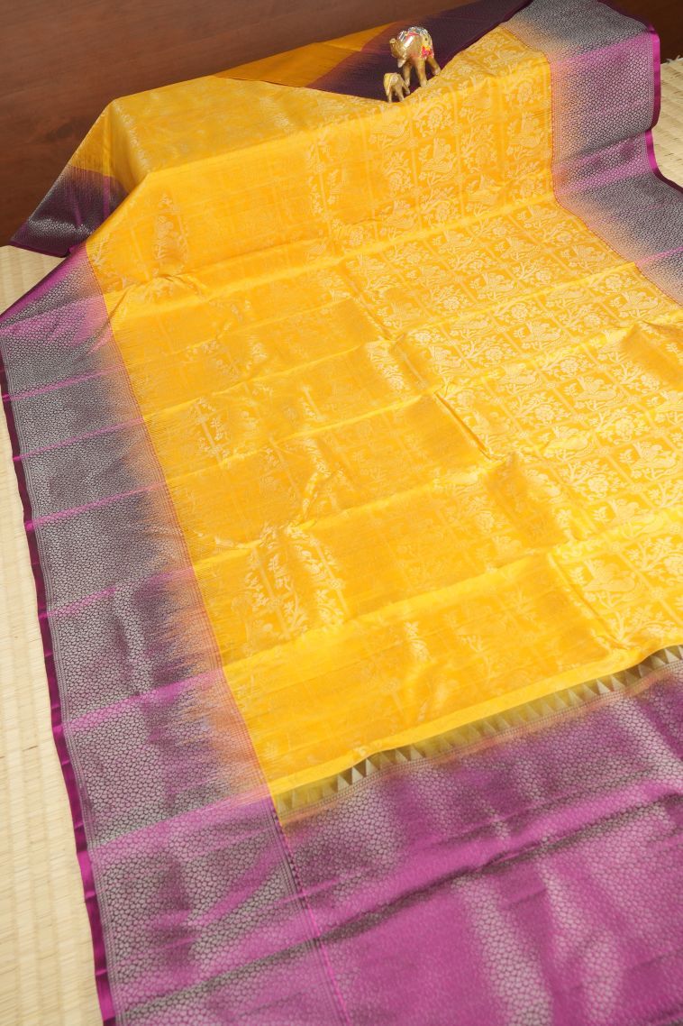 Latte Yellow Soft Silk Saree with Silver Zari Floral Patterns view 2