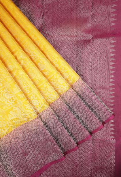 Latte Yellow Soft Silk Saree with Silver Zari Floral Patterns