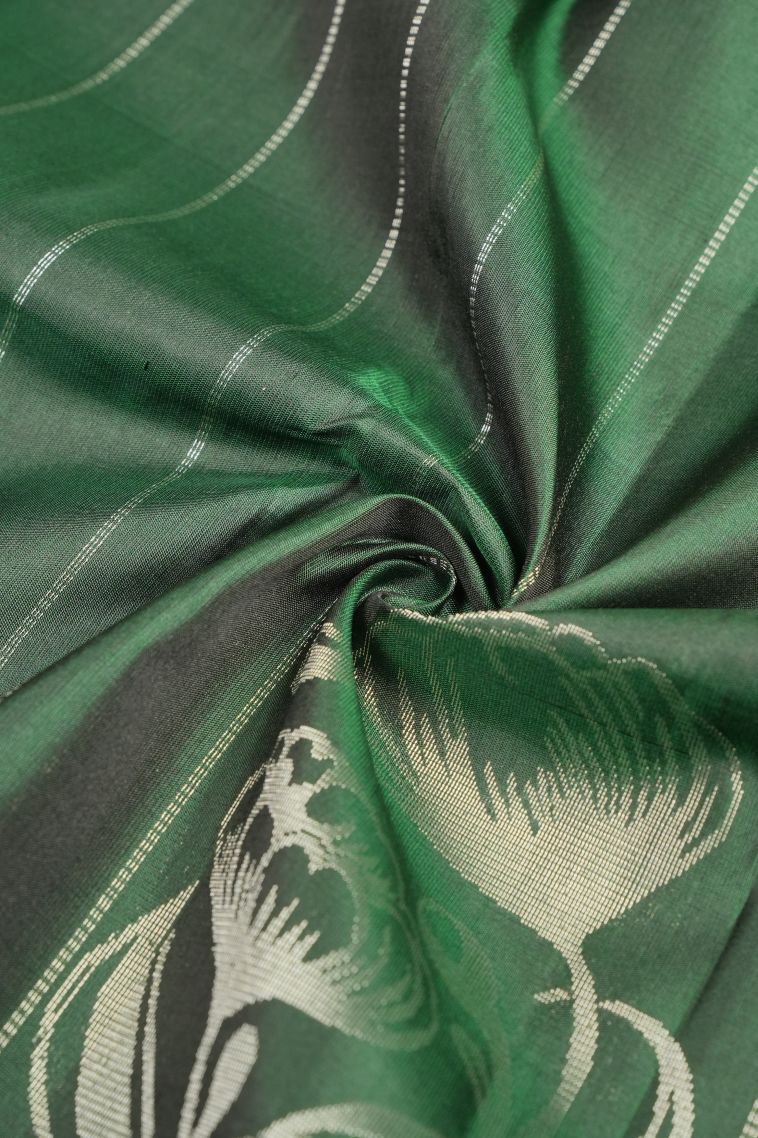 Basil Green Soft Silk Saree with Silver Zari Stripes view 4