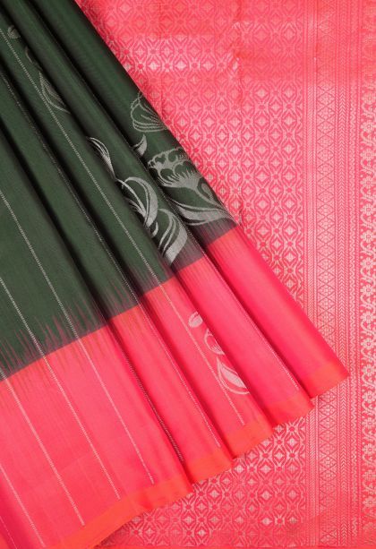 Basil Green Soft Silk Saree with Silver Zari Stripes