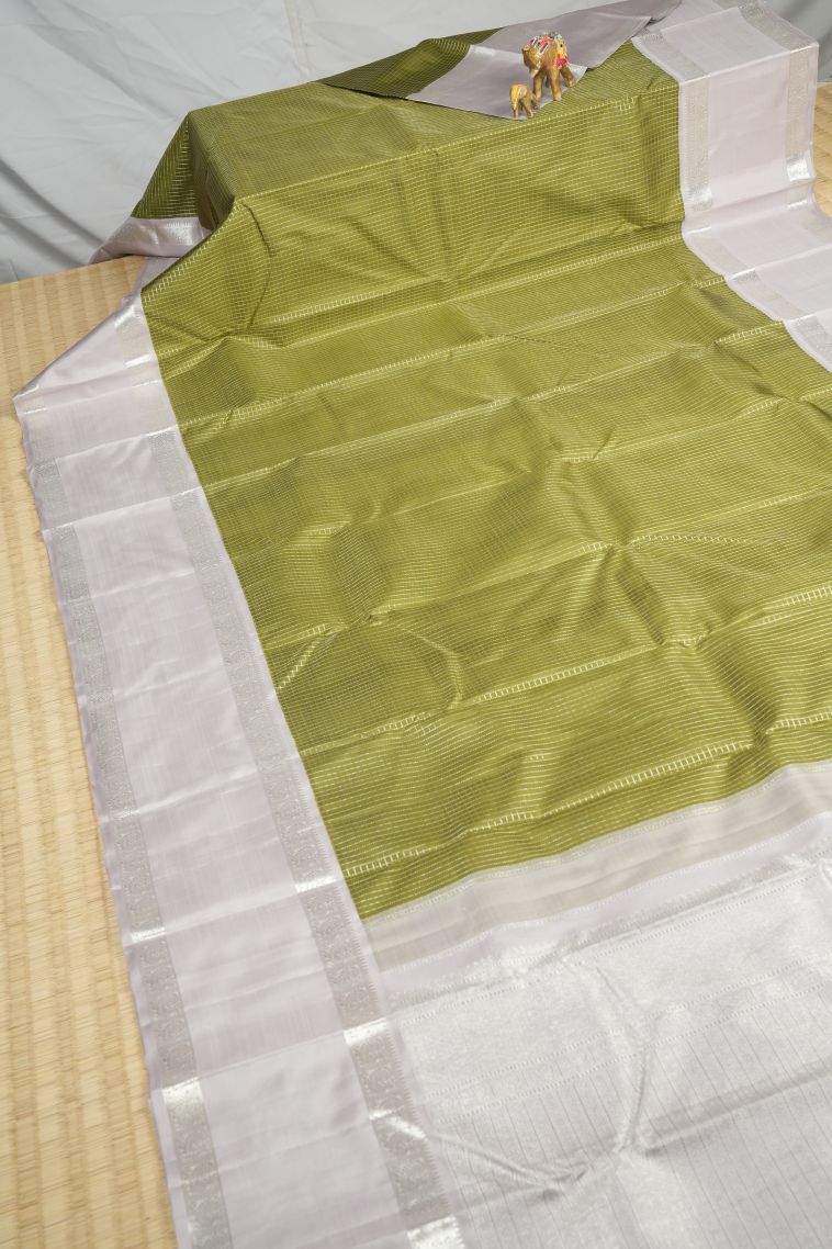 Olive Green Kanchipuram Silk Sarees with Silver Zari Checks view 2