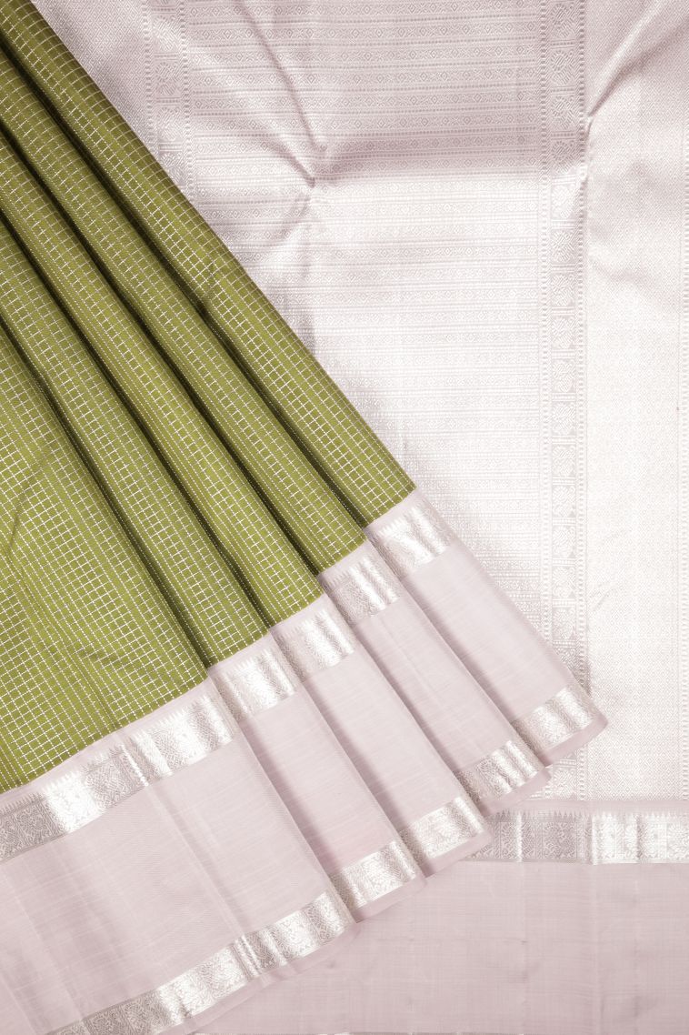 Olive Green Kanchipuram Silk Sarees with Silver Zari Checks view 1