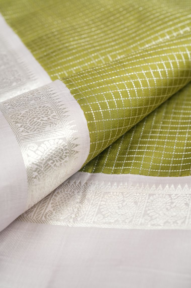 Olive Green Kanchipuram Silk Sarees with Silver Zari Checks view 4