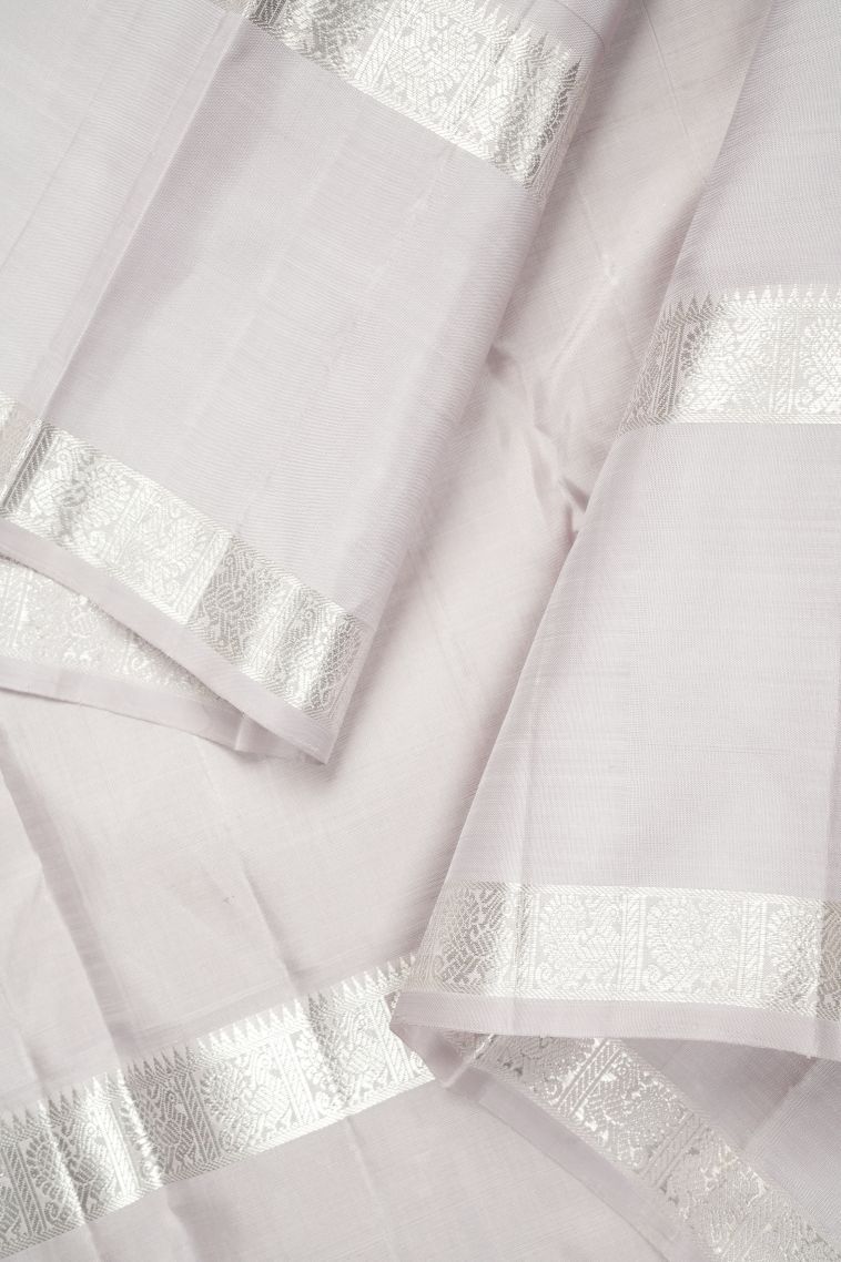 Olive Green Kanchipuram Silk Sarees with Silver Zari Checks view 3