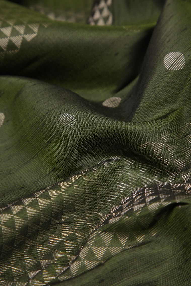 Basil Green Soft Silk Saree with Silver Zari Stripes view 4