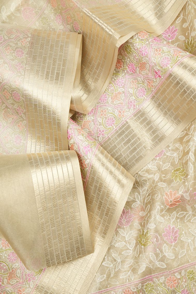 Gold Organza Saree with Without Zari Zari Floral Patterns view 4