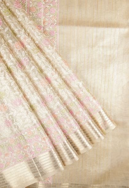 Gold Organza Saree with Without Zari Zari Floral Patterns