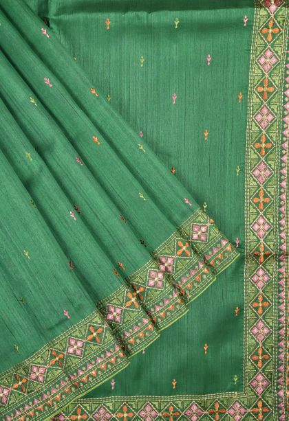 Basil Green Tussar Saree with Without Zari Zari Buttis (small Dots Or Motifs)