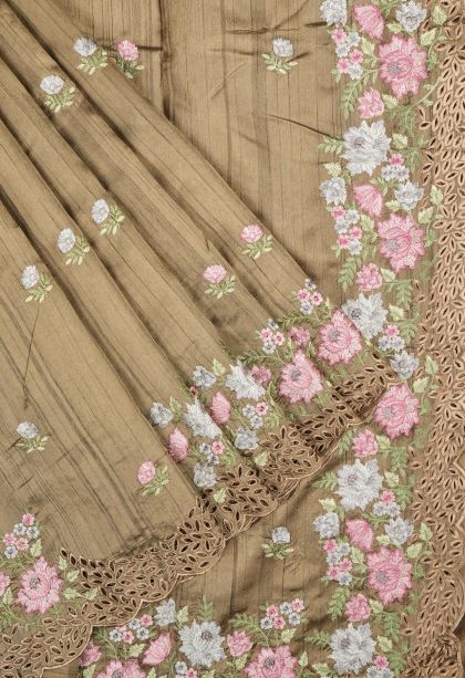 Tortilla Brown Tussar Saree with Without Zari Zari Buttis (small Dots Or Motifs)