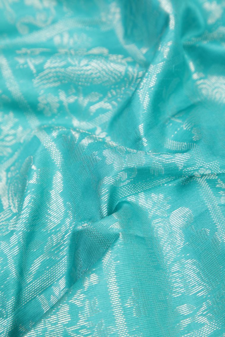 Arctic Blue Soft Silk Saree with Silver Zari Floral Patterns view 4
