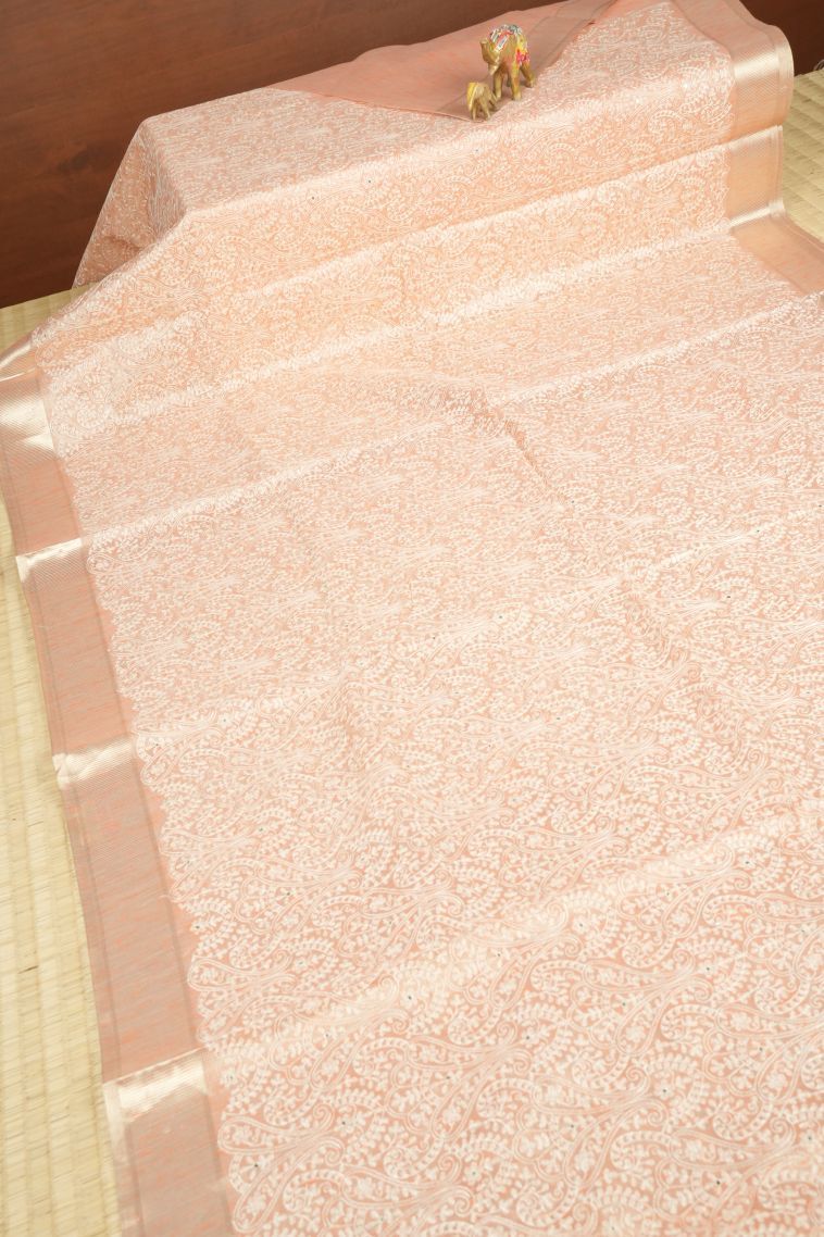 Peach Pink Organza Saree with Without Zari Zari Floral Patterns view 2