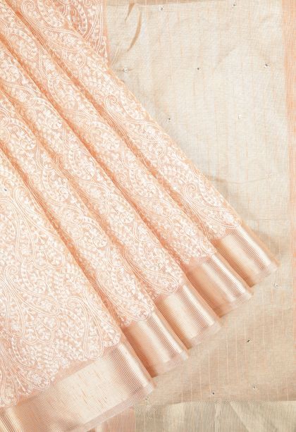 Peach Pink Organza Saree with Without Zari Zari Floral Patterns