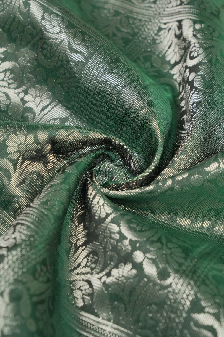 Bottle Green Soft Silk Saree with Silver Zari Floral Patterns view 4