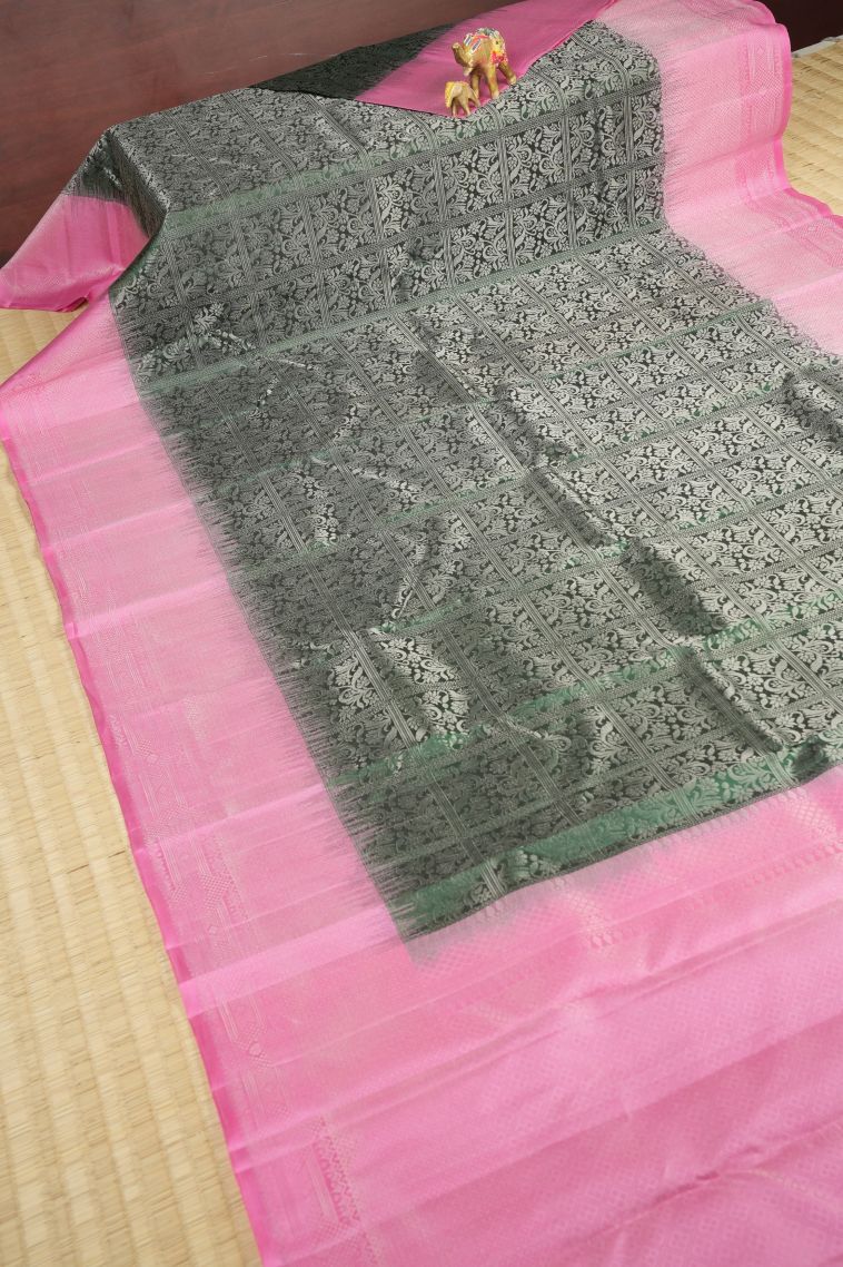 Bottle Green Soft Silk Saree with Silver Zari Floral Patterns view 2