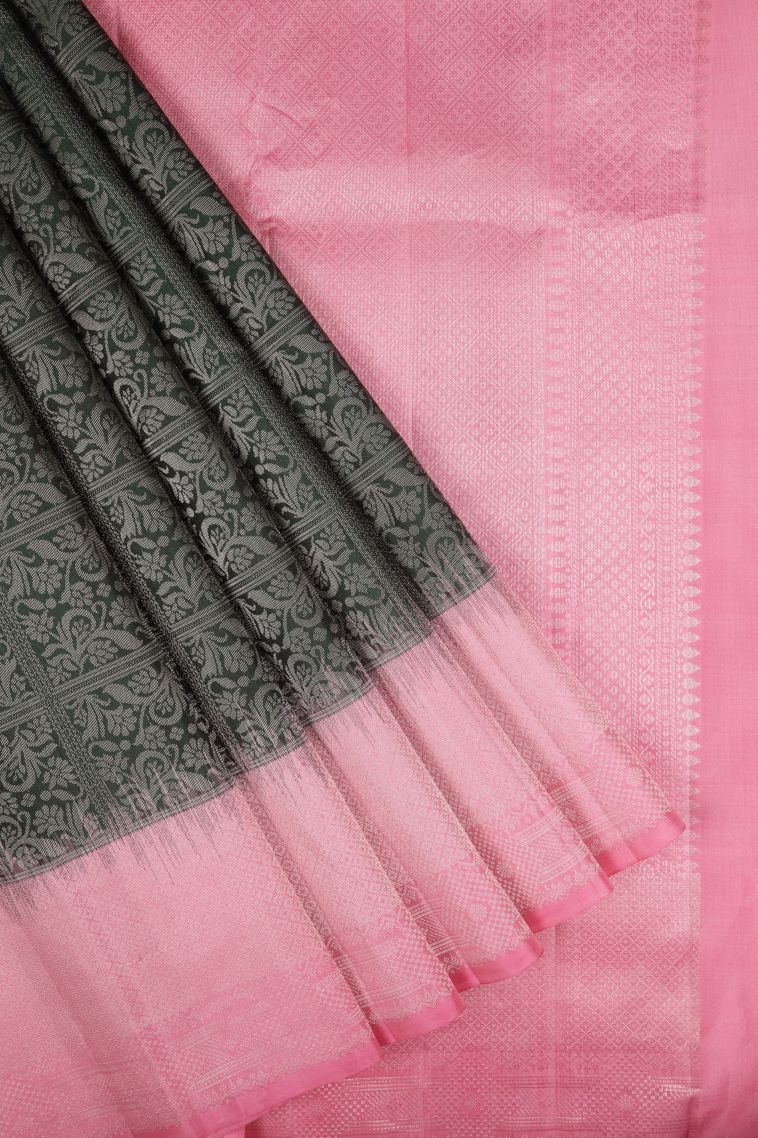 Bottle Green Soft Silk Saree with Silver Zari Floral Patterns view 1