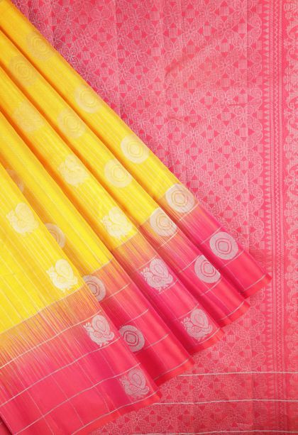 Lemon Yellow Soft Silk Saree with Silver Zari Stripes
