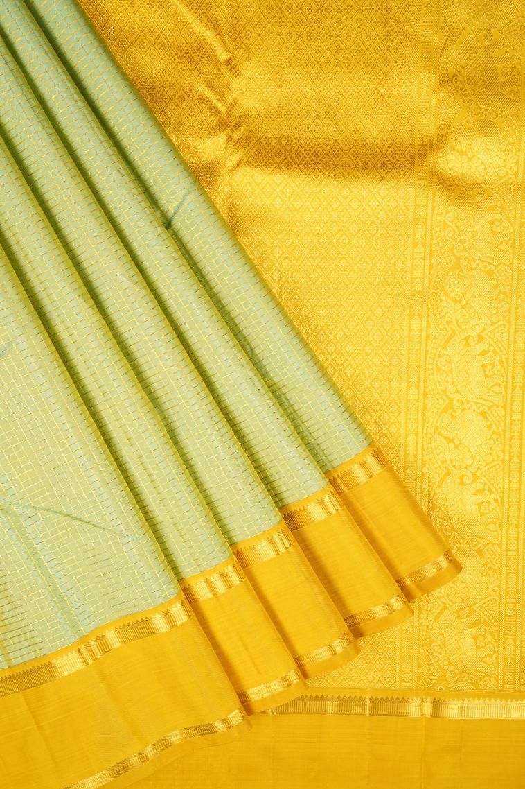 Mint Green Kanchipuram Silk Sarees with Gold Zari Checks view 1