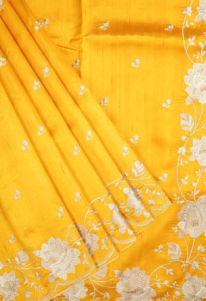 Lemon Yellow Tussar Saree with Without Zari Zari Buttis (small Dots Or Motifs)