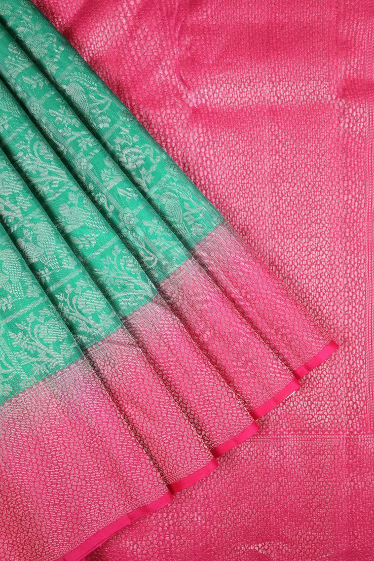 Cerulean Blue Soft Silk Saree with Silver Zari Floral Patterns view 1