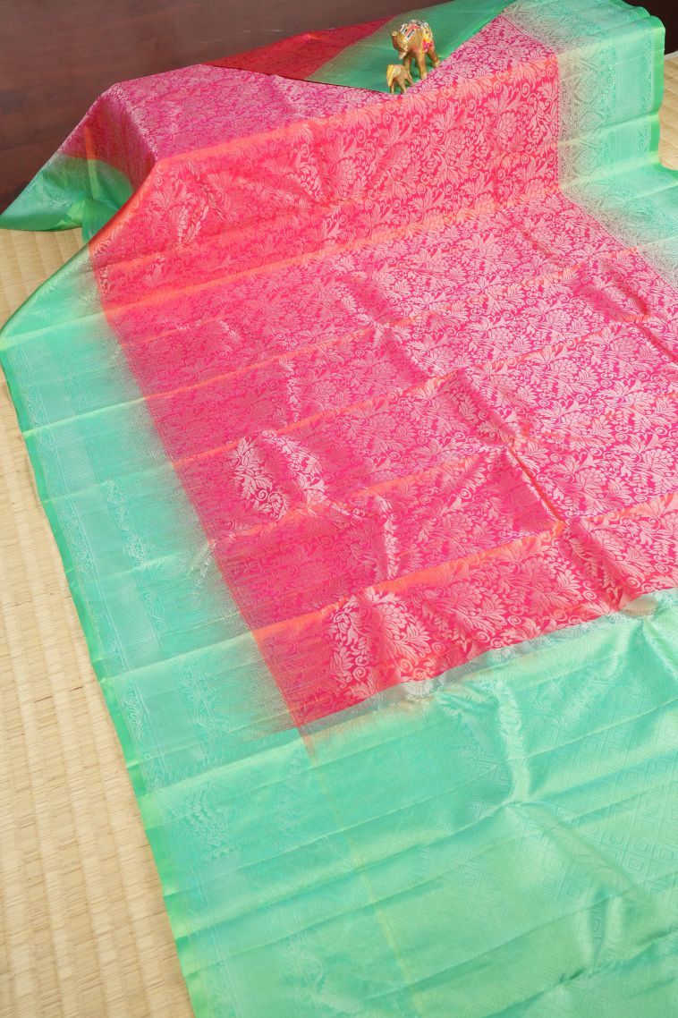 Peach Pink Soft Silk Saree with Silver Zari Floral Patterns view 2