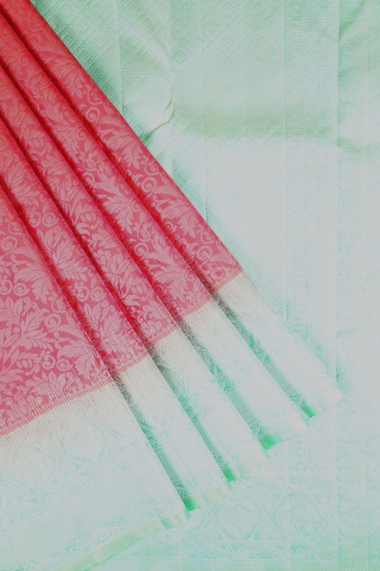 Peach Pink Soft Silk Saree with Silver Zari Floral Patterns view 1