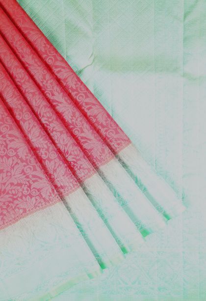 Peach Pink Soft Silk Saree with Silver Zari Floral Patterns