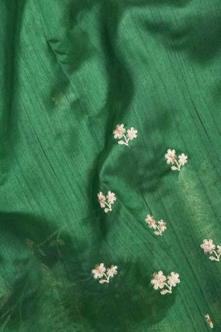 Basil Green Tussar Saree with Without Zari Zari Buttis (small Dots Or Motifs) view 3