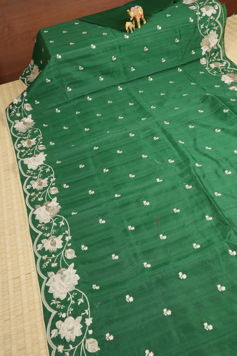 Basil Green Tussar Saree with Without Zari Zari Buttis (small Dots Or Motifs) view 2